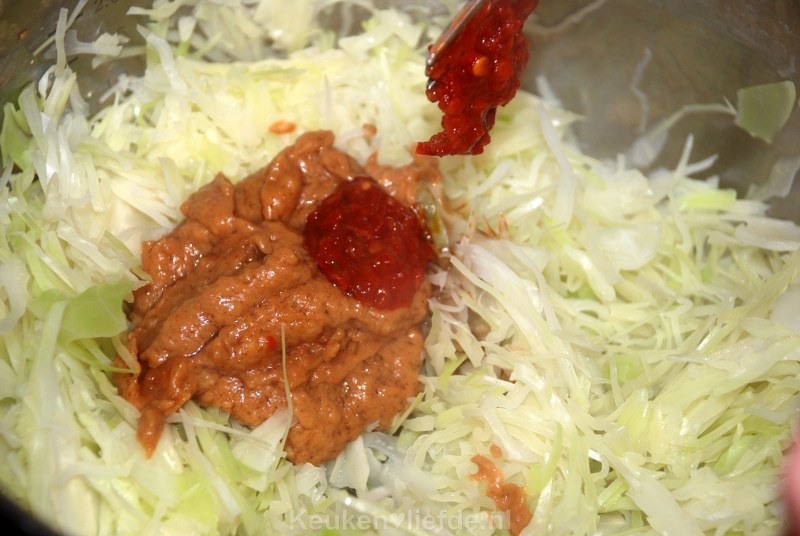 Pittige witte kool met rijst en zelfgemaakte satés Pittige witte kool met rijst en zelfgemaakte satés