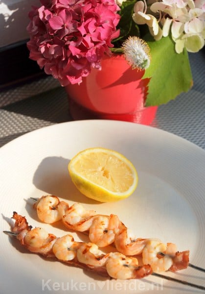 Knoflook-chili garnalenspies met bacon Knoflook-chili garnalenspies met bacon