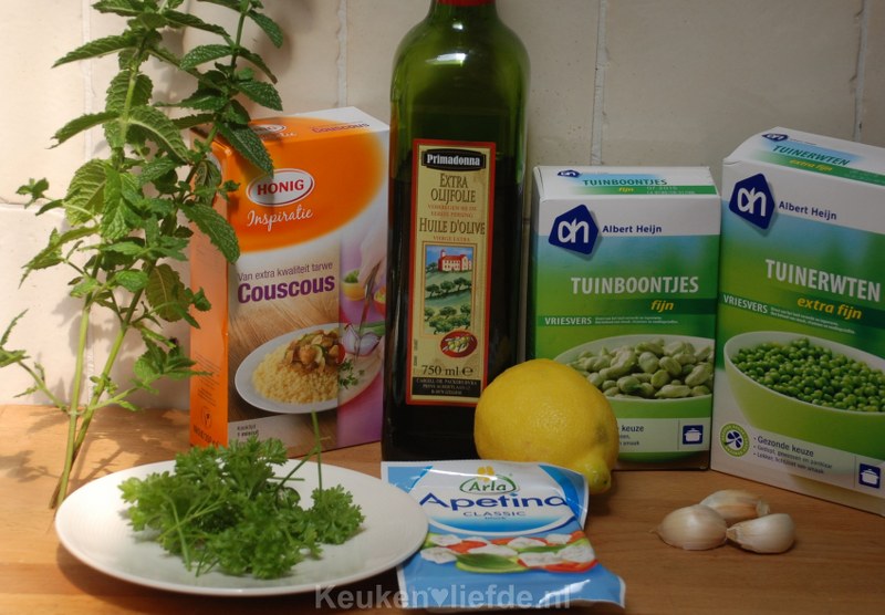 Couscoussalade met tuinbonen, munt en feta