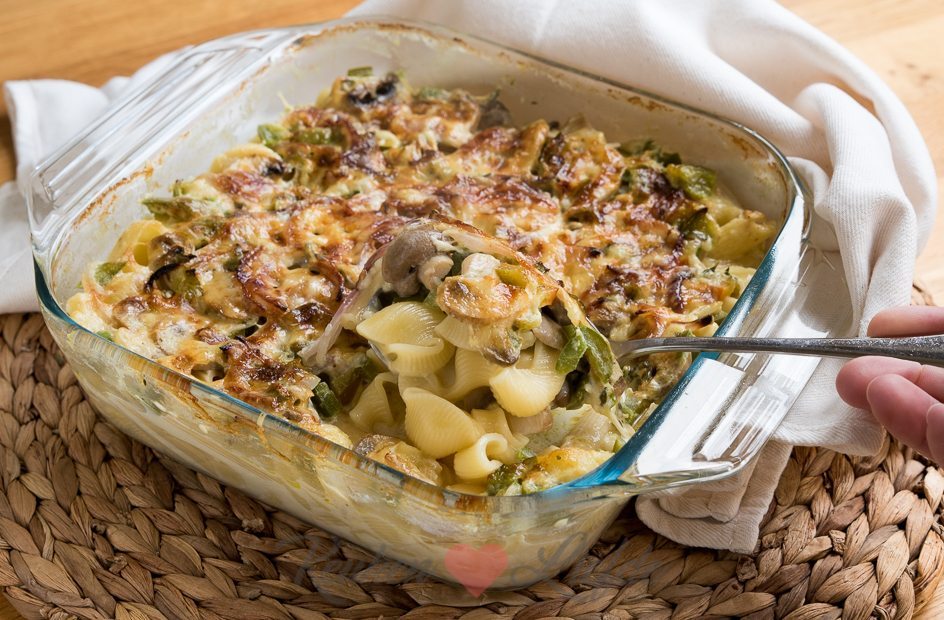 Pasta ovenschotel met champignons en paprika