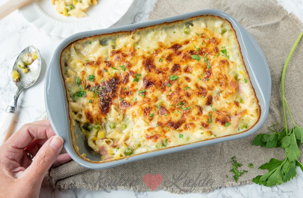 Ovenpasta met prei en ham