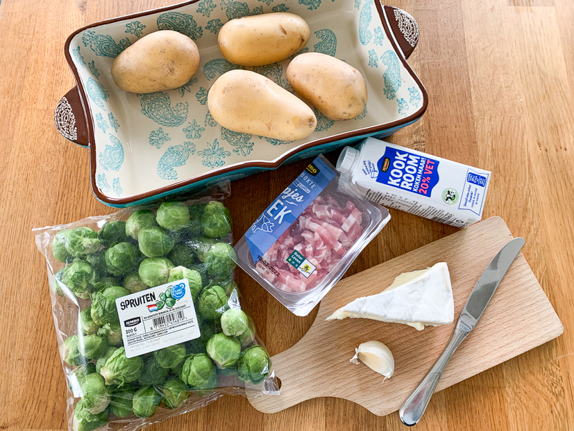 Aardappelgratin met spruitjes en brie Aardappelgratin met spruitjes en brie