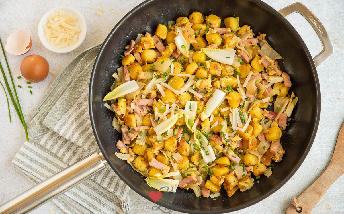 Krieltjes carbonara met ham en witlof