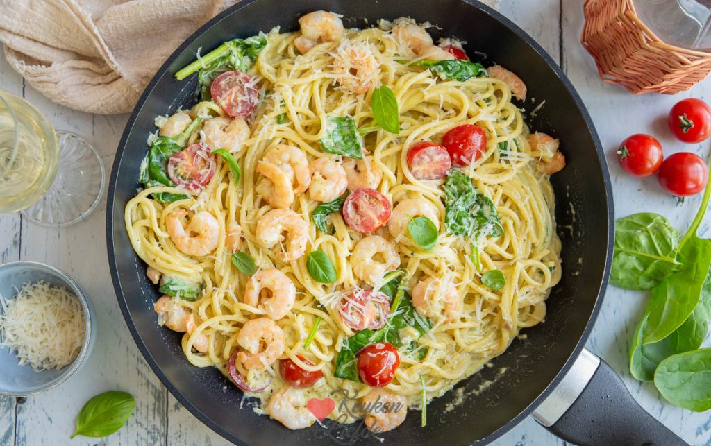 Pasta pesto met garnalen