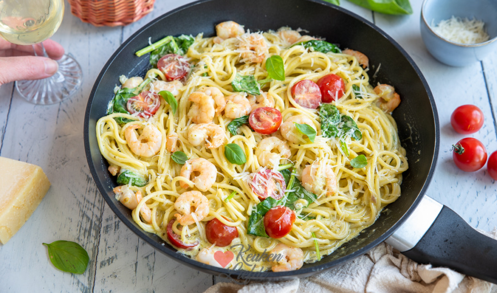 Spaghetti pesto met garnalen