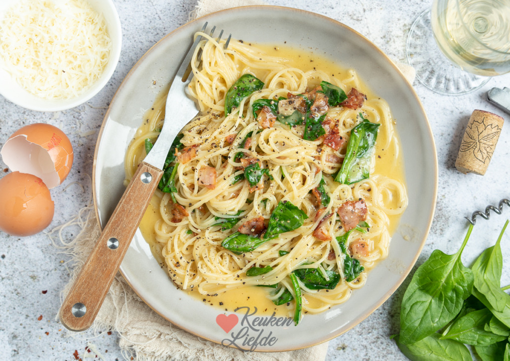 Spaghetti carbonara met spinazie