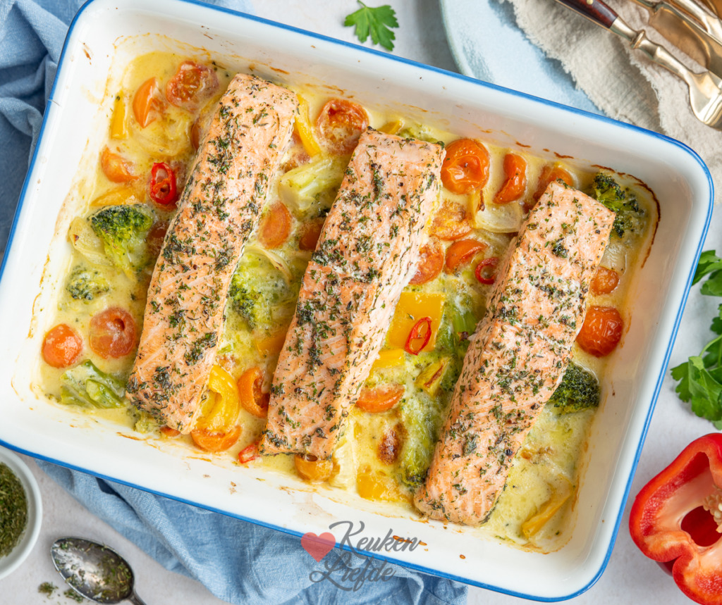 Zalmgratin met roomsaus en verse groente