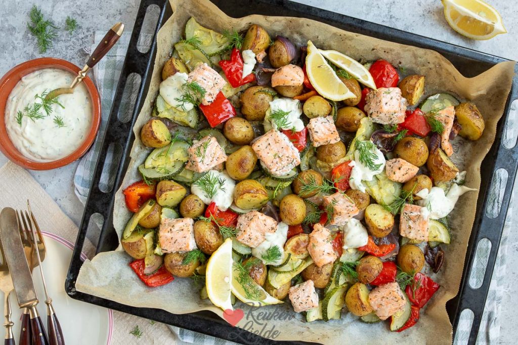 Traybake met krieltjes en zalm